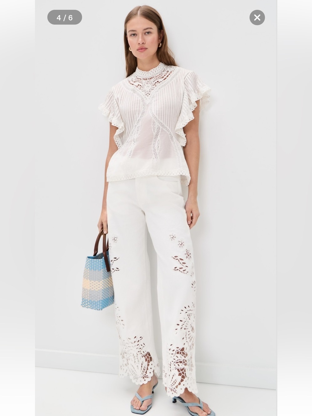 new Farm Rio Off-White Blouse With Appliqués voile and lace flutter sleeve - Picture 2 of 12